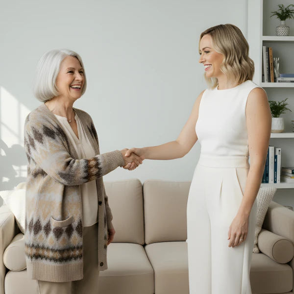 Profissional cumprimentando paciente em consultório moderno de saúde.